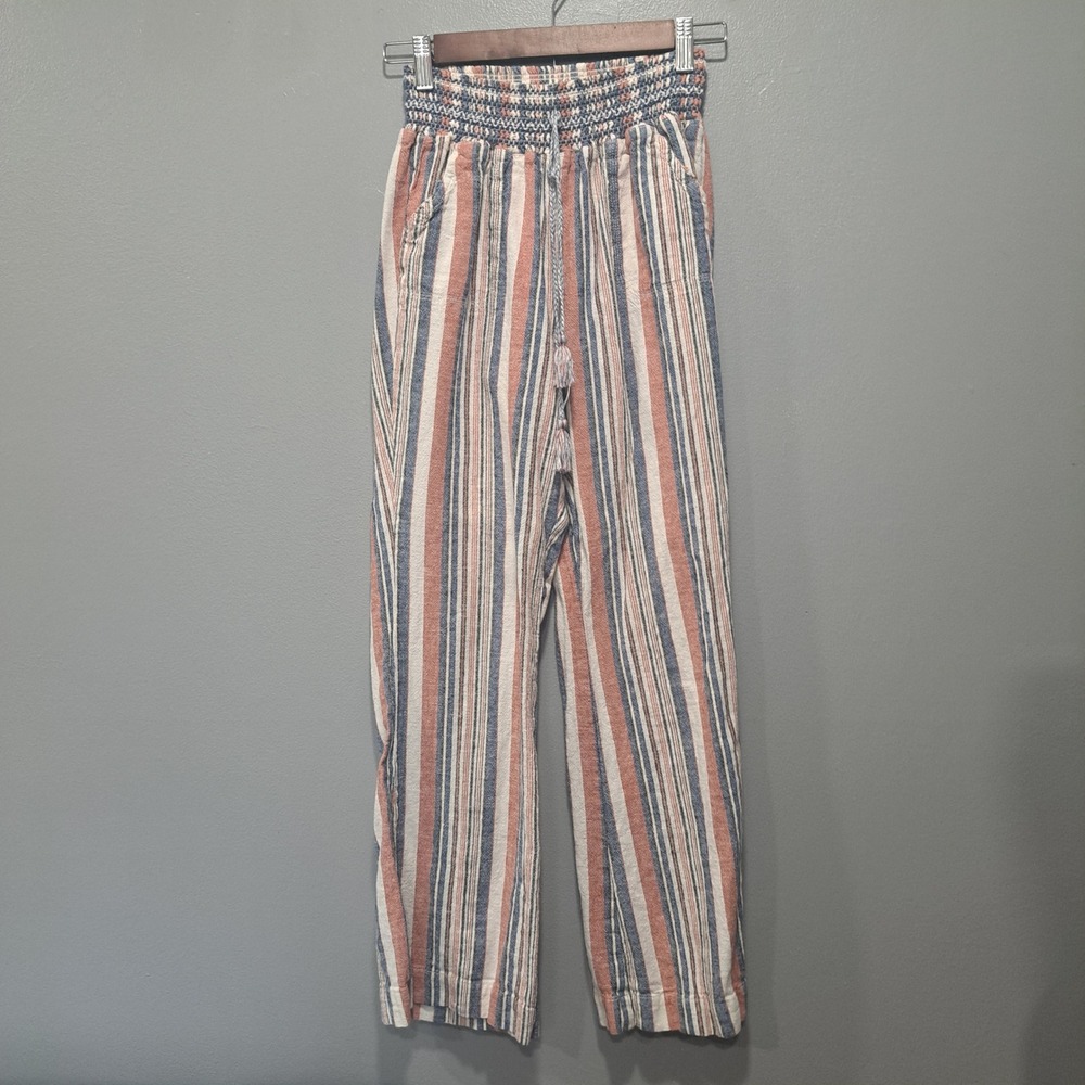 Rewash Women's MEDIUM Striped Smocked‎ Waist Tassel Pants Linen Blend Blue Coral